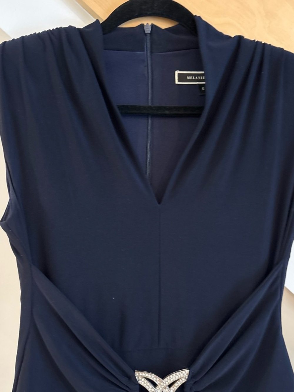 Melanie Navy V-Neck Midi Dress with Draped Waist